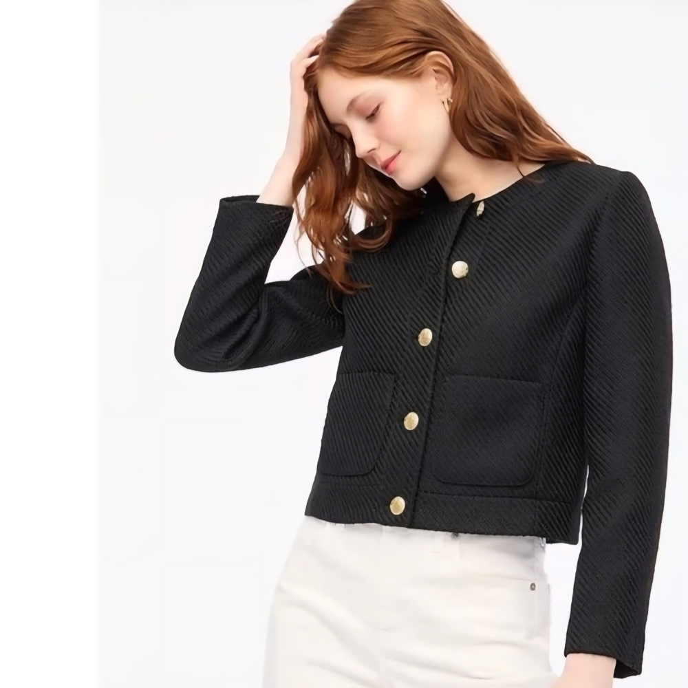Women J. Crew Black Tweed Lady Jacket With Gold Tone Buttons Cropped Style Sz 2